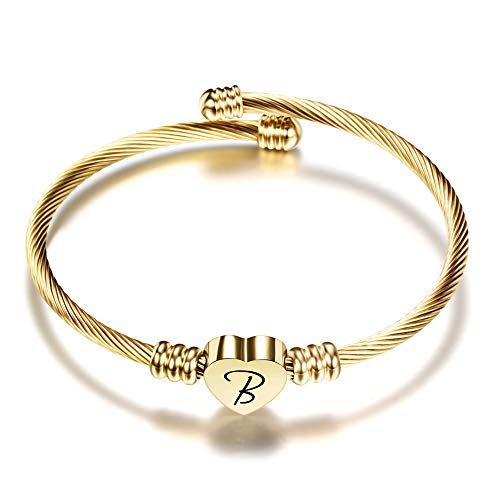 VQYSKO Bracelet initiale Lettre A-Z Femme Fille Gravure Personnalisé Acier Inoxydable Bracelet Câble (d'or, B) Cover