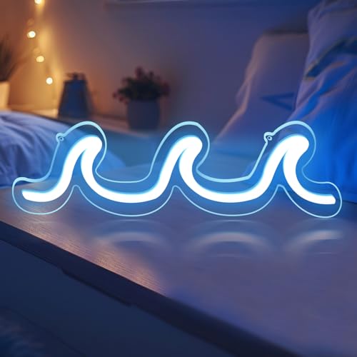 Image of Wave Neon Signs Light Blue LED Night Lights With Dimmable Switch For Kids Wall Decor USB Powered For Living Room Bar Bedroom Christmas Gift(11.8 * 3.9 inch)