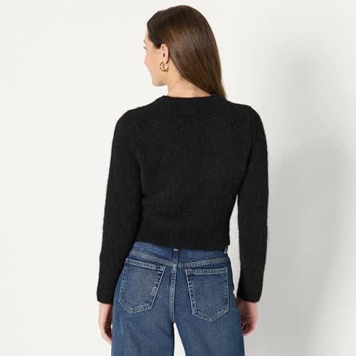 Amazon Essentials Women's Regular-Fit Faux Mohair Wool Blend Sweater Cardigan with Gold Buttons, High Round Neckline, Black, Small - image 2