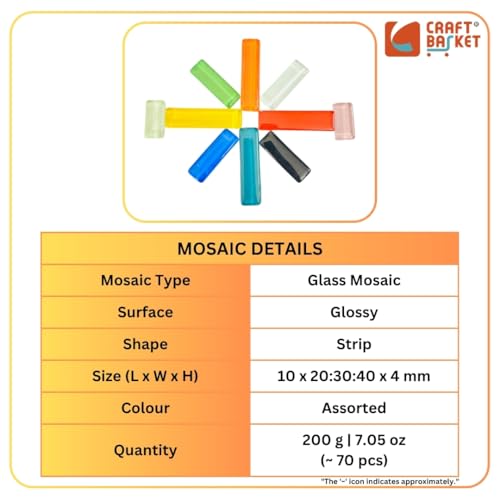 Image of Assorted Colours Glass Mosaic Tiles (20 Variations) (All Packs: 100 g,200 g,500 g), DIY Mosaic Art, Decoration, Crystal Glass Mosaic Tiles (Glossy Strip Mix Size), 200 g