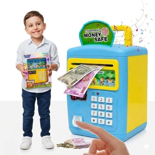 Image of High Trusted Kids Modern Money Safe ATM Machine, Finger Print Smart Sensor ATM Savings Money Bank with Electronic Lock (Blue)