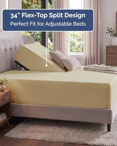 Image of Extra Deep Flex Top Split Head King Fitted Sheet - Hotel Luxury Single Fitted Sheet Only - Easily Fits 18 inch to 24 inch Mattress - Ultra Soft, Wrinkle Free w /Extra Deep Pockets - Beige