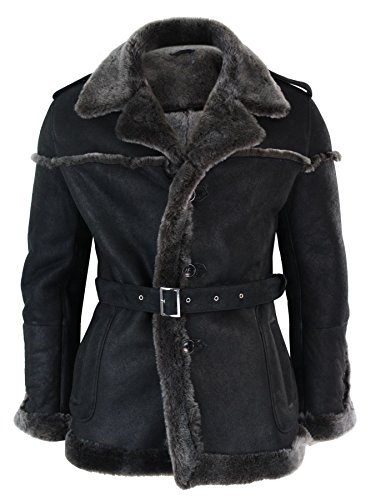 Infinity Leather Mens Double Breasted Real Sherling Navy Captain Sheepskin Jacket Belted Grey Black