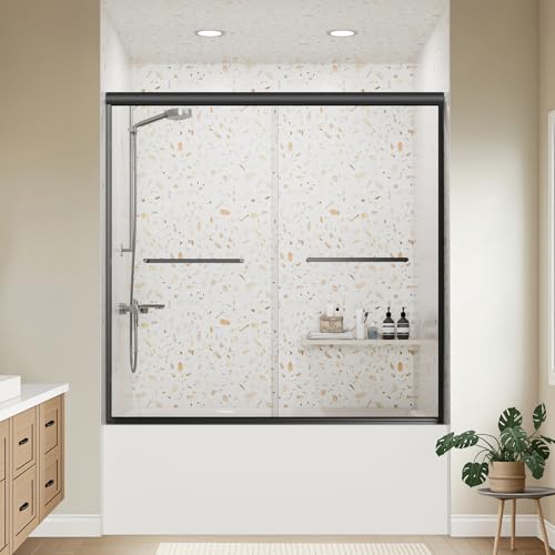 Bathtub Shower Door - 58-60' W×59' H Adjustable Aluminum Frame - 1/4 Tempered Glass with Clear Anti-Explosion Film - 4 Aluminum Rollers - Sliding Glass Door for Tub