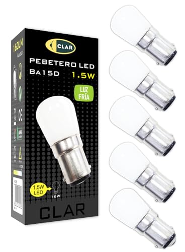 CLAR - Bombilla LED Potente Para Máquina de Coser, Campana Extractora, Frigorífico, Lámpara de Sal - Luz Fría, Casquillo BA15D 1,5W 230V 6000ºK (Pack 5)