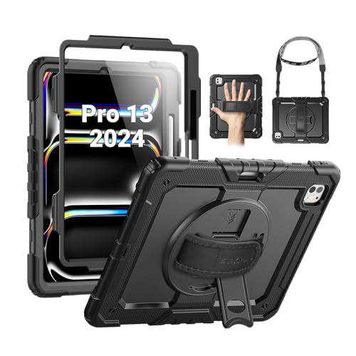 SEYMAC for iPad Pro 13 Inch Case 2024 M4 (7th Generation), Heavy Duty Shockproof Protective Case with Screen Protector, 360° Rotating Stand, Hand/Shoulder Strap and Pen Holder, Black