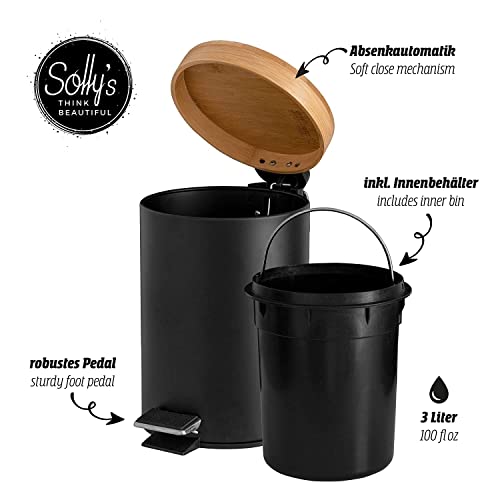 Solly´s 3L Bathroom Bin with Bamboo Lid, Pedal Bin with Soft Close, Round, Black, 3 litres - Image 3
