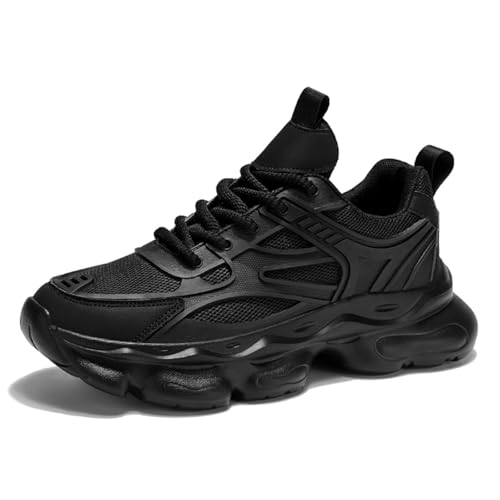 Womens Fashion Breathable Mesh Platform Chunky Heels Lace Up Sneakers Casual Non-Slip Soft Sole Comfortable Walking Tennis Shoes