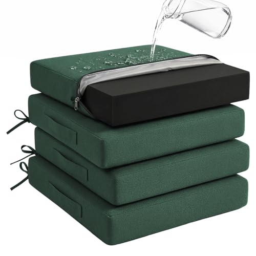 Outdoor Chair Cushions Set of 4, 19x19 Waterproof Patio Pads, Dark Green