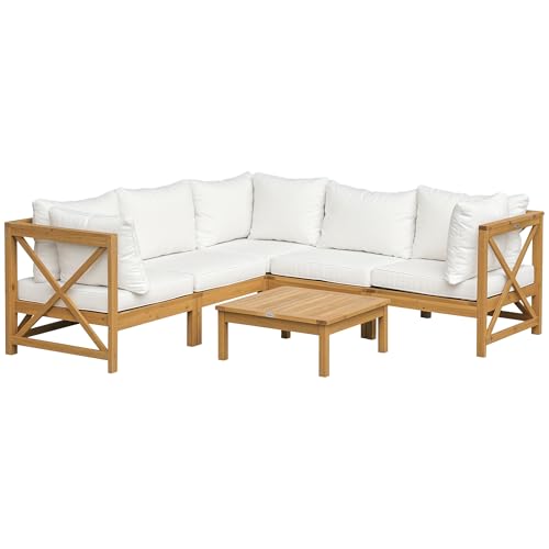 Outsunny 6 Piece Wood Patio Furniture Set, Outdoor Sectional Sofa with Cushions and Coffee Table, Acacia Wood Conversation Set Couch, Cream White