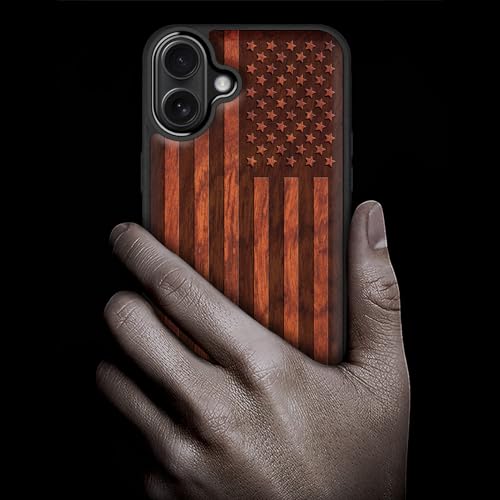 Image of Carveit Wood Case for iPhone 16 Plus, The Classic American Flag, Rosy | Magnetic iPhone 16 Plus Case Compatible with MagSafe Wireless Chargers, Engraved Wood with Soft TPU Shockproof Bumper
