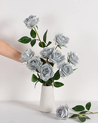 Duhouse 10Pcs Silk Roses Artificial Flowers Fake Rose For Arrangement Wedding Party Home Decoration (Silver) #TOP3