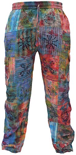 Gheri Mens Tie Dye Patchwork Colorful Hippy Cotton Cargo Pants