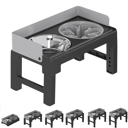 Petchat Elevated Dog Bowls, 6 Heights Adjustable Raised Dog Bowl 3.1?-11.8?, with Slow Feeder Bowl and Stainless Steel Bowl, Mess Proof Dog Bowl Stand for Large, Medium and Small Dogs