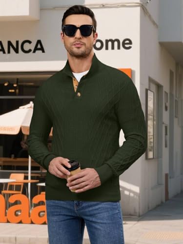 Auxo Men's Cable Knit Pullover Sweaters Casual Long Sleeve Stand Collar Quarter Button Knitted Sweater4