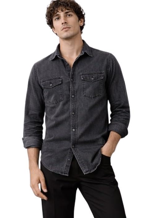 Image of Men's Slim Fit Western Denim Shirt with Dual Chest Pockets - Long Sleeve Button-Down Casual | Smart Casual Fashion Wear |Durable Tich snap Buttons.