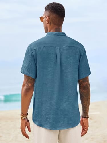 Image of Runcati Mens Casual Henley Shirt Short Sleeve Band Collar Textured Shirts Summer Beach Hippie T-Shirts