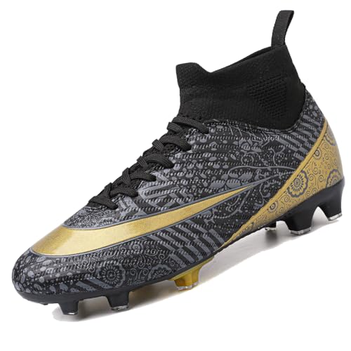 VTASQ Zapatillas de Fútbol Hombre Spike Aire Libre Profesionales Atletismo Botas de fútbol para niños para césped Artificial Zapatos de Partido Profesional AG Oro Negro 39EU