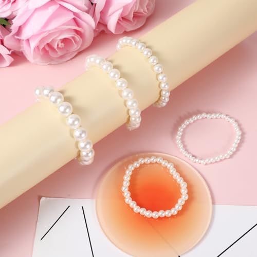5 PCS Pearl Bracelets for Women, White Elegant Bridesmaid Bracelets Bridal Wedding Stackable Bracelets Faux Pearl Beaded Bracelets White Pearl Bracelet Set for Ladies2
