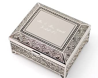 Personalized 4 Inch jewelry box - Antique Design - Engraved keepsake box - Silver trinket box (Front NH Script)