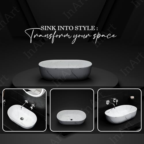 Image of InArt Table Top Wash Basin For Bathroom | Over Counter Top Wash Basin For Living Room | Washbasin Countertop | Tabletop Ceramic Bathroom Kitchen Sink (55 x 35 x 14 CM) (White - Marble Design)