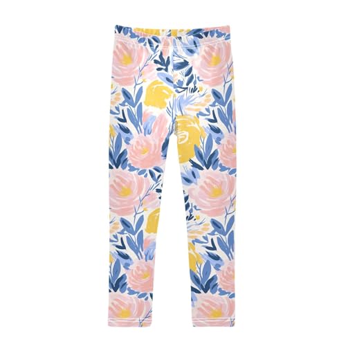 ALAZA Girls' Leggings Children's Yoga Pants Skinny Printed Dance Pink Yellow Flowers Comfortable 4T