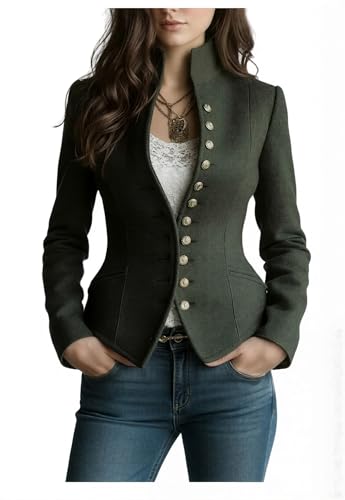 Chaqueta blazer de mezcla de lana de estilo militar para mujer, elegante abrigo de guisante, Verde oliva: lana, S