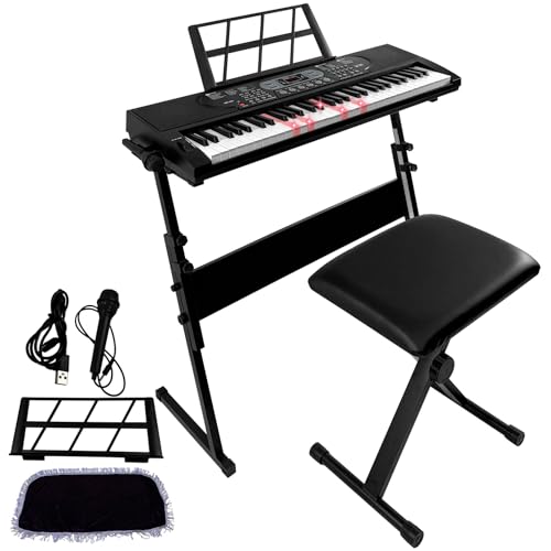 XYJBHB 61-Key Digital Keyboard Piano, Light Up Keyboard Piano for Beginners, Electric Piano Keyboard with Keyboard Stand, Padded Piano Stool & Microphone, 30 demo songs