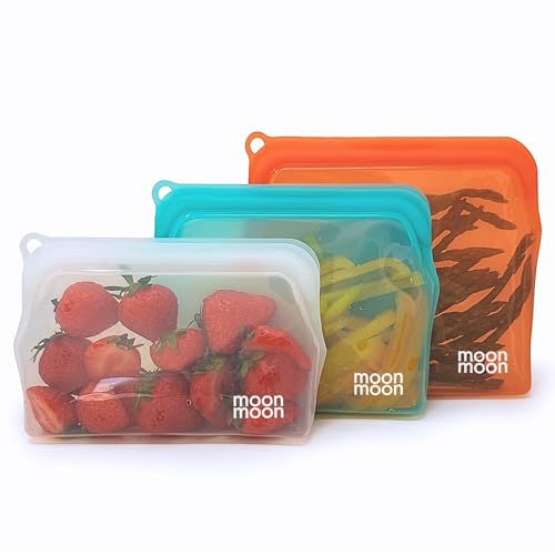 Moonmoon Reusable Silicone Freezer Bags | Leakproof Fridge & Freezer Storage | Resealable Food Bags for Sandwiches, Snacks & Soup (Set of 3). Plastic Free.