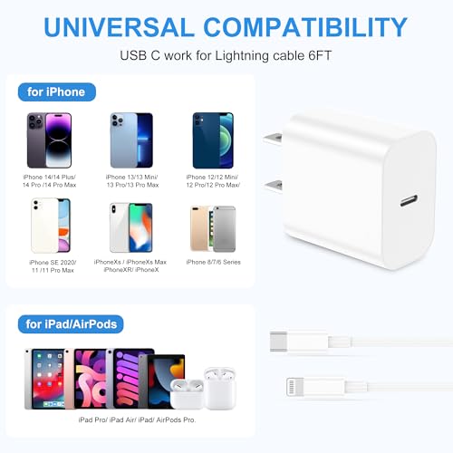IPhone Chargeur Chargement rapide , Apple MFi certifié , 3Pack USB-C Bloc chargeur mural avec 6FT USB C à Câbles de foudre pour iPhone 14/14 Pro/14Pro Max/13/13 Pro/12/12 Pro/12 Pro Max/11/Xs Max/XR/X Type C