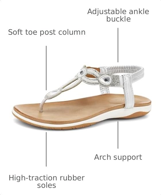 Image of UBFEN Womens Flat Sandals with Arch Support - T-Strap Thong Sandals with Elastic Back Strap, Comfortable for Walking, Bling, Rhinestone, Dressy