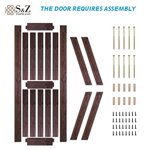 Image of S&Z TOPHAND 36 in x 84 in Brown British Brace Knotty Barn Door with 6.6FT Sliding Door Hardware Kit /Double -Sided Door Handle /Solid Wood /Double Surfaces /Simple Assembly is Required