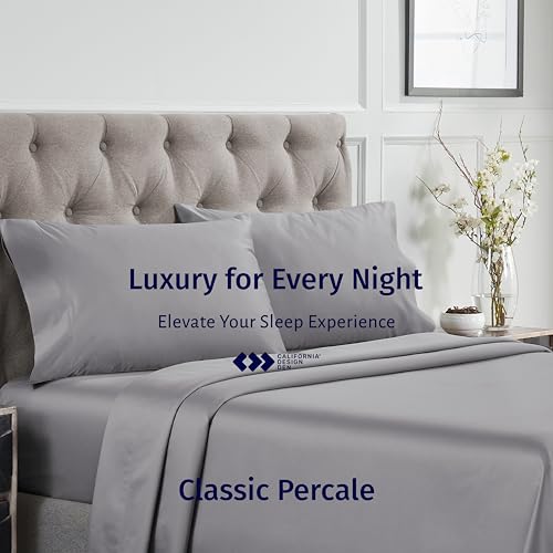 California Design Den Certified 100% Egyptian Cotton Sheets Queen Size Bed Set - Queen Sheet Set Percale with Deep Pockets, Lightweight, Crisp, Cool & Durable Luxury Bedding - Light Grey