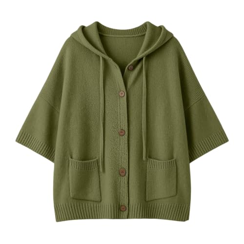 XINGJIAARTS Button Up Cardigans for Women 3/4 Sleeves Hooded Sweater Fall Warm V Neck Drawstring Jackets Soft Knit Cardigan Army Green Small - image 3