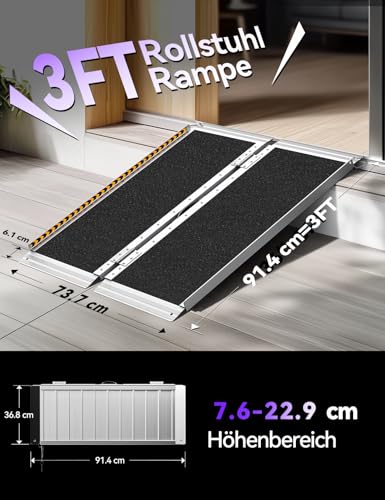 FACHNUO Rollstuhlrampe 91cm Faltbare Aluminium Schwellenrampe mit verstellbaren Stützbeinen, 362kg Tragfähigkeit, rutschfeste & tragbar, Schwarze Rampe für niedrige Treppen, Stufen, Türen, Eingänge