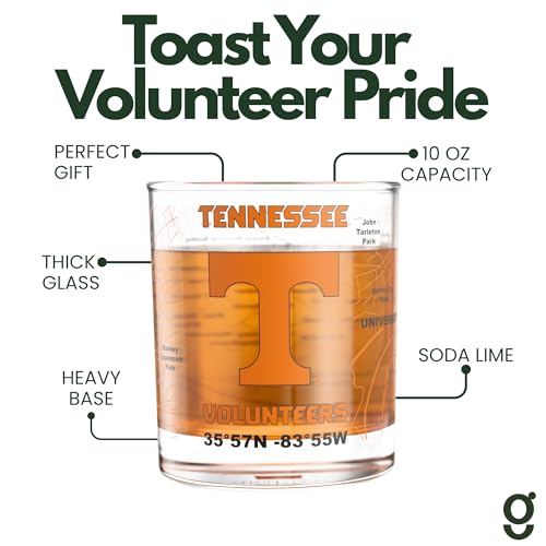 Image of Greenline Goods University of Tennessee Volunteers Whiskey Glasses Set of 2, 10 oz Rocks Glasses with Full-Color Logo & Campus Map - Officially Licensed Bourbon Glass Gift for Alumni & Fans