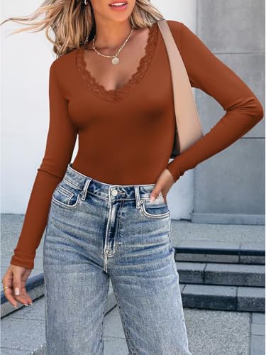 Long Sleeve Shirts for Women Lace V Neck Ribbed Fitted T-Shirt Dressy Business Casual Blouses 2025 Trendy Fall Tops3