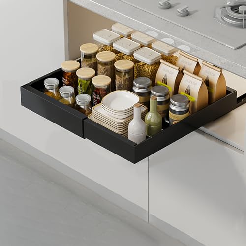 JOUING Cajón Telescópico Cajones Extraíbles Para Armario Acero al Carbono Organizadores Bajo Fregadero No Requiere Taladrar ni Clavar de Cocina, Despensa, Baño (Negro, 32-52cm×42cm×7cm)