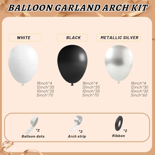 Image of 412Pcs Black and Silver White Balloon Arch Kit, 18 12 10 5 Inch Different Size Black and Silver White Balloons for Graduation Birthday Wedding Party Decorations