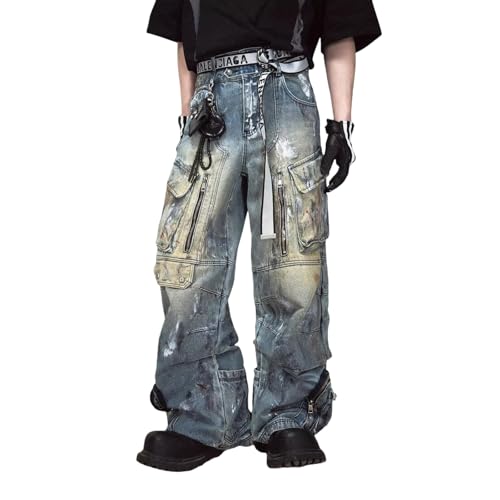 Men's Retro Workwear Jeans, Men's high Street Graffiti Multi Pocket Loose Straight Leg Wide Leg Floor Pants