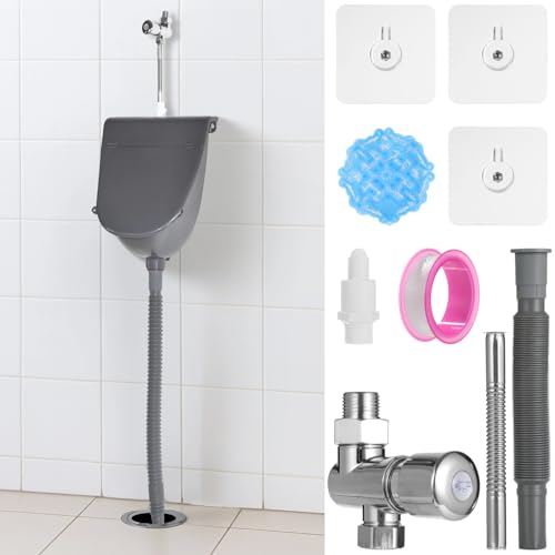 Wall Mounted Urinal with Cover Plastic Small Urinal with Complete Flush Valve Kit Commercial Urine Diverter Outside Toilet with Lid for Bathrooms Apartments Garages RVs