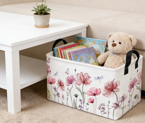 Image of Essme Rectangular Flower Basket,Girls Baskets Empty with Handles,Cute Baskets for Kids Room Decor,Boys and Girls, Gift Basket,(Flowers)