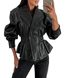 chouyatou Women 2025 Fall Shawl Collar Peplum Faux Leather Jacket Trendy Moto Dressy Casual Winter Coats (Large, Black)