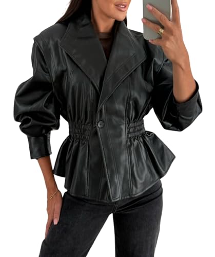 chouyatou Women 2025 Fall Shawl Collar Peplum Faux Leather Jacket Trendy Moto Dressy Casual Winter Coats