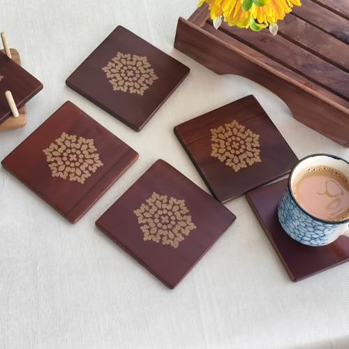 Alfkurt Wooden Tea Coaster Square Shape Golden Design Handcrafted Teak sagwan Premium Hard Wood,Heat & Water Resistant,Coffee, Office Desk & Home Décor Gift Item (Golden DESIGR)-Set of 6