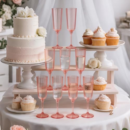 12 Pack Detachable Ribbed Clear Pink Champagne Flutes 6.5oz Reusable Champagne Coupe Glasses Cocktail Drinkware Stemware Wedding Toasting Cups for Bridal Shower, 3-Piece Design by Cyrix - Used condition - Image 5
