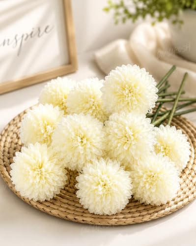 Image of Divyakosh Artificial Hydrangea Flower Sticks for Vase (Vase Not Included), Pack of 6, 3.5 Inch (8.9 cm) Large Bloom, White Artificial Flowers for Home Decor, Decorative Artificial Dahlia Flowers