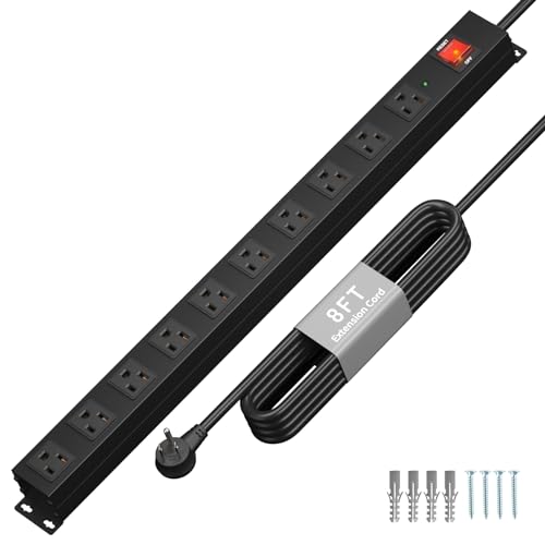 KF 10 Outlet Heavy Duty Power Strip with Surge Protector 2100J 15A/1875W Wall Mount Design 8FT Extension Cord & Safety Switch for Home Office Workshop Gaming Setup Studio - Black