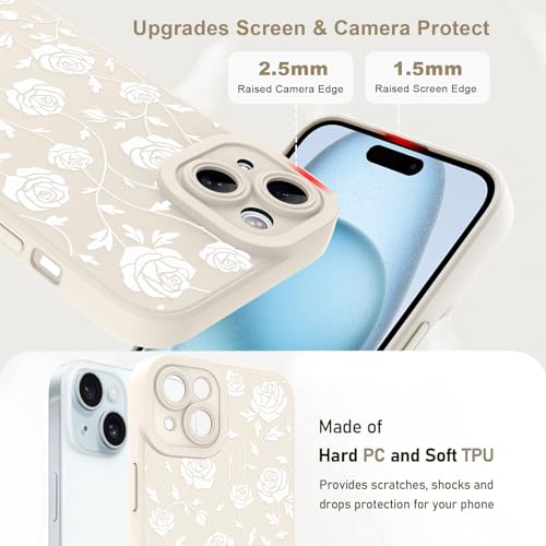 Image of Designed for iPhone 15 Case, Cute Rose Flower Floral Pattern Design, Slim Soft TPU Liquid Silicone Protective Cover for Women Girls - White