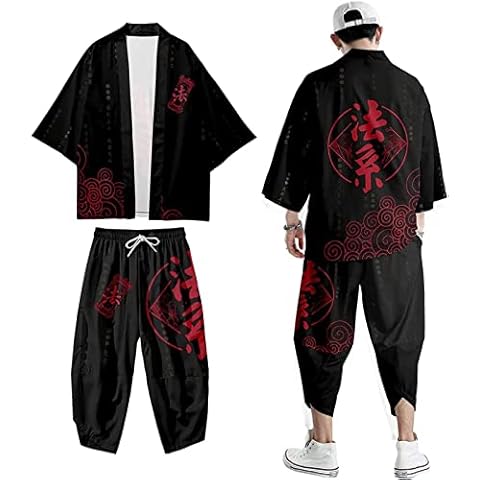 WYUKN Traditional Kimono Set,Japanese Style Kimono Men Pajamas Suit,Long Sleeve Trousers Set Couple Home Service,Black-M Cover